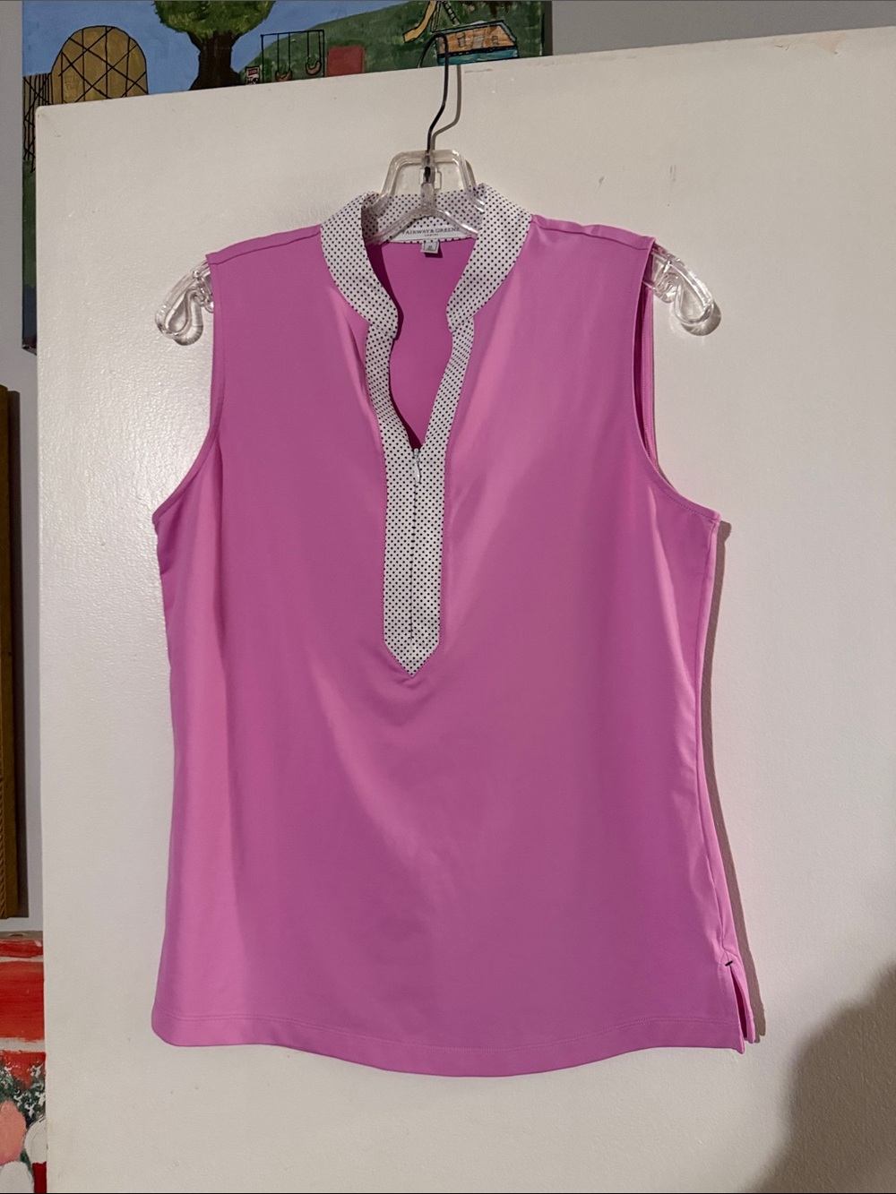 Fairway & Greene pink sleeveless top with black/white polka dot detail.